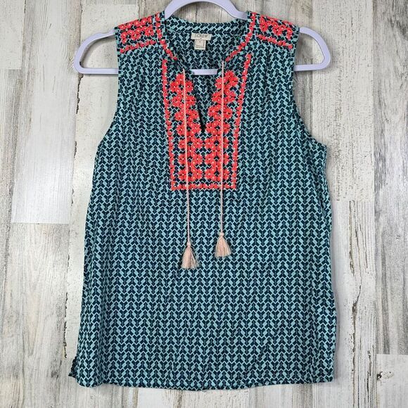 J Crew Shirt Women's Size 2 Embroidered Front w Tassel Lightweight‎ Sleeveless - Picture 1 of 8